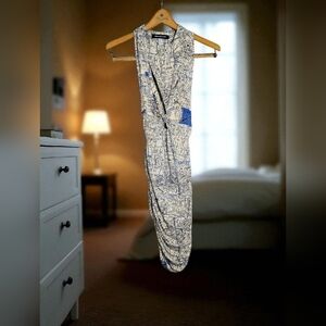 Urban Outfitters S White and Blue Map Print Amaya Twist Dress